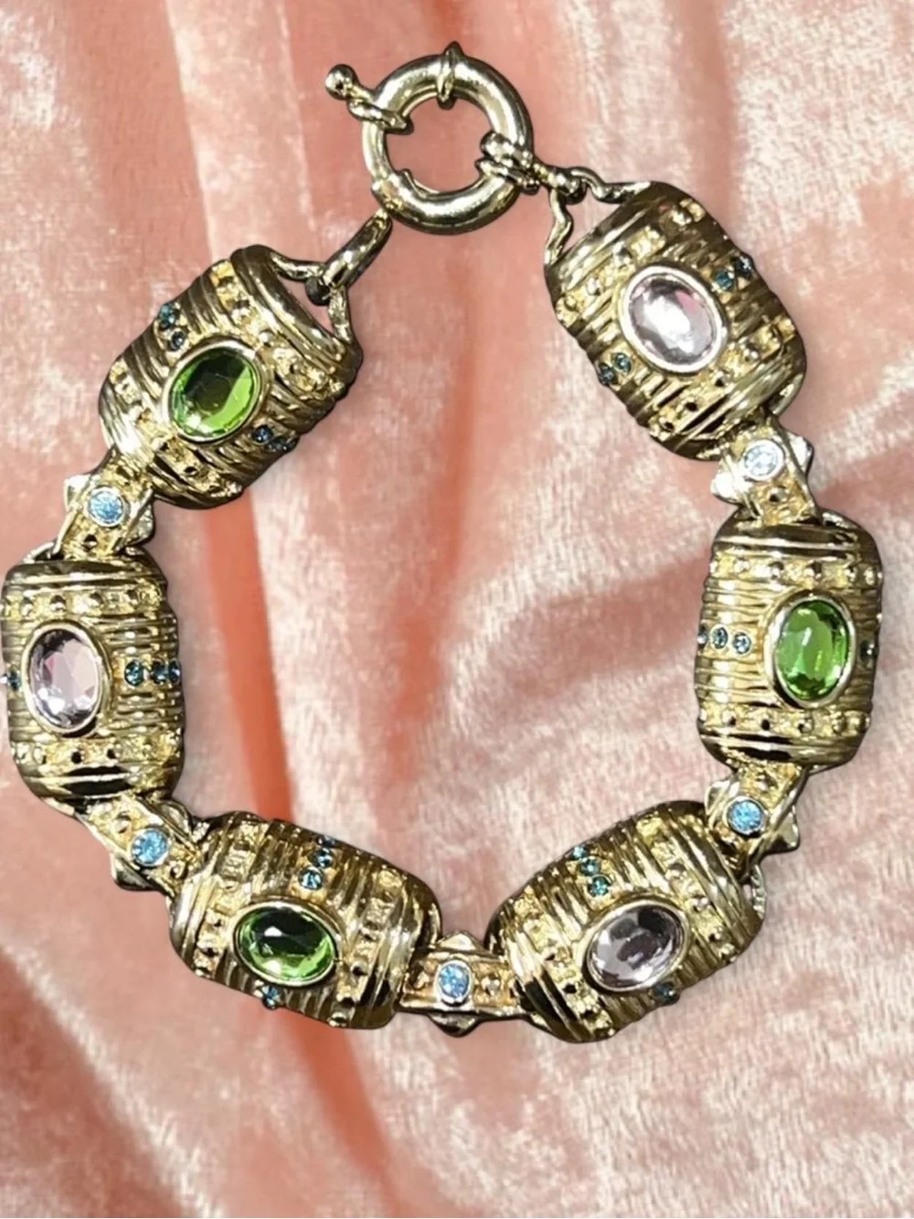 Gold-Tone Barrel Link Bracelet with Green and Pink Stones Vintage 1980’s